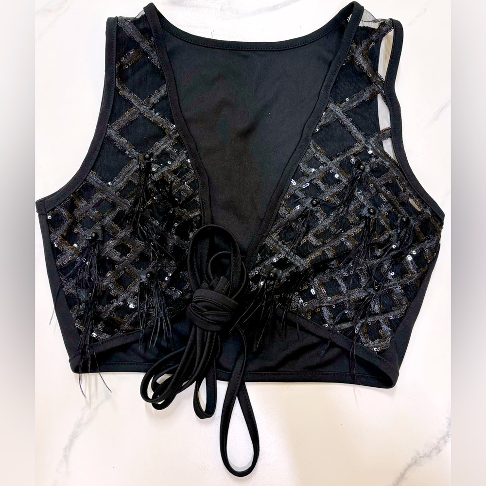 XS Sequin/Feather Mesh Vest, Tie Front, Black, Costume,Clubbing Cropped, Midriff